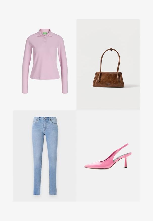 Polo de manga larga en color rosa claro con textura acanalada, con cuello y tres botones, mostrado sobre un fondo blanco.; Jeans de mezclilla azul claro con un corte ajustado, que cuentan con cinco bolsillos, detalles de costura sutiles y una cinturilla estándar con un cierre de botón único.; Zapato de salón slingback rosa brillante con puntera puntiaguda y tacón bloque de altura media sobre fondo blanco.; Bolso de mano marrón de cuero con asas largas, forma rectangular y pequeño logo plateado de DKNY centrado en el frente.