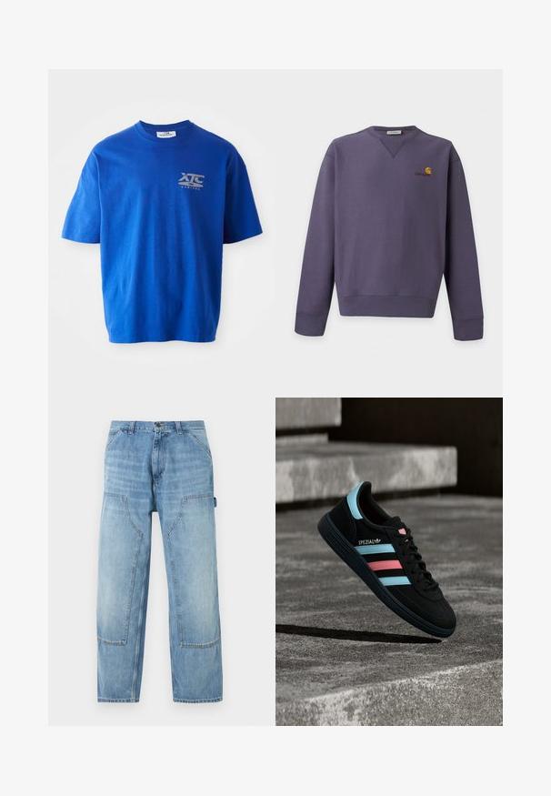 Sudadera morada con cuello redondo, mangas largas y pequeño logo de Carhartt en amarillo y rojo en la parte superior izquierda del pecho.; Camiseta de algodón azul con mangas cortas, con un logo gris en la parte superior izquierda del pecho, escote redondo y un corte relajado.; Pantalones carpinteros de mezclilla azul claro con grandes bolsillos delanteros de parche y un lazo para martillo en el lado derecho, corte recto en las piernas.; Zapatilla negra Adidas Spezial con rayas azules y rosas, flotando sobre una superficie de hormigón gris texturizada con sombra debajo.