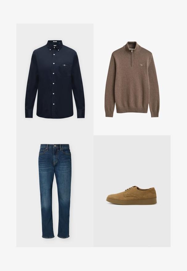 Pull en maille marron à manches longues, col et poignets côtelés, demi-fermeture éclair devant, avec un petit logo brodé sur la poitrine gauche.; Chemise bleu marine à manches longues boutonnée, col boutonné et poche poitrine avec un petit logo brodé.; Jean droit bleu foncé avec poches avant, passants de ceinture, fermeture par bouton et fermeture éclair, présenté sur un fond uni.; Chaussure décontractée à lacets en daim marron avec semelle en caoutchouc plate, vue de côté sur un fond clair uni.