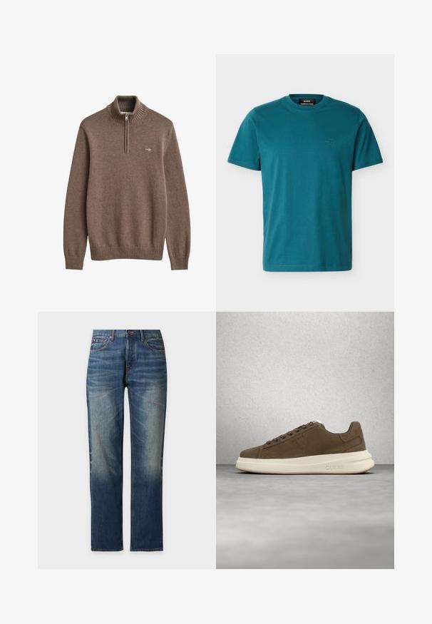 Brun strikket sweater med lange ærmer, ribkrave og manchetter, front halve lynlås og lille broderet logo på venstre bryst.; Tørklædeblå T-shirt med korte ærmer og rund hals, med lille broderet "Mads Nørgaard"-logo på venstre bryst.; Blå jeans med lige ben med udvaskede områder på lår og knæ, forlommer, knaplukning og bæltestropper.; Brune ruskinds sneakers med en cremet gummisål, flade snørebånd og et logo på siden. Letvægtsdesign og glat tekstur.