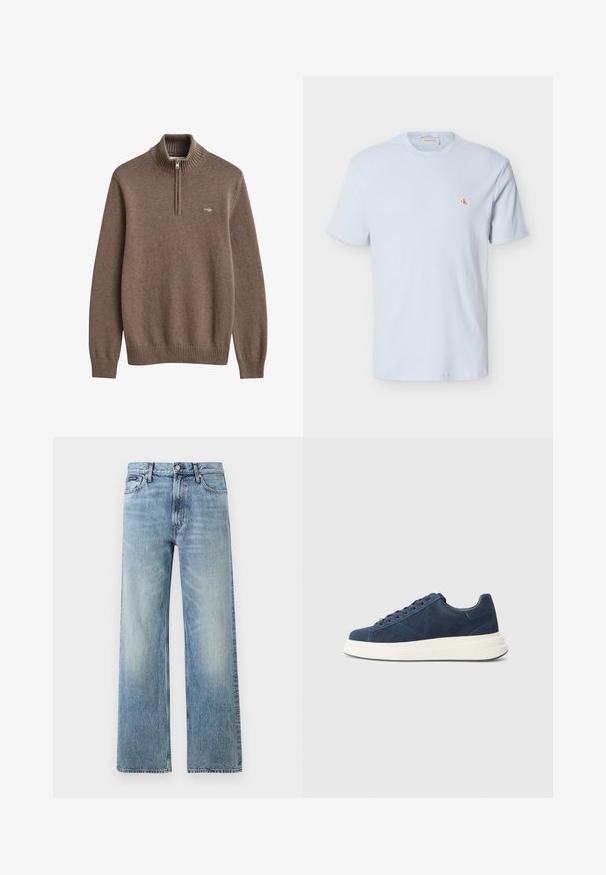 Jersey de punto marrón con mangas largas, cuello y puños acanalados, cremallera frontal hasta la mitad y pequeño logo bordado en el pecho izquierdo.; Camiseta de manga corta de color azul claro con tejido de gofre, cuello redondo y pequeño parche con el logo rojo "CK" en el pecho izquierdo.; Vaqueros de mezclilla azul claro de corte recto con cintura alta, cinco bolsillos, cierre de botón y sutil desgaste en los muslos y las rodillas.; Zapatillas de ante azul marino con suela de goma blanca, que cuentan con seis ojales, un forro texturizado y un diseño minimalista con sutiles detalles de costura.