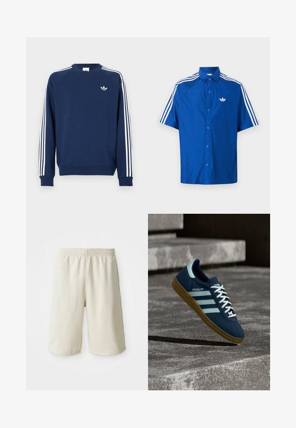 Mørkeblå sweatshirt med ribbede ærmeafslutninger og hals; har hvide lodrette striber på ærmerne og et lille hvidt logo på brystet.; Blå kortærmet skjorte med knapper, med hvid Adidas-logo på brystet og tre hvide striber langs skuldrene og ærmerne.; Lys beige træningsshorts med elastisk talje, glat tekstur og diskret logo-detalje på venstre side forneden. Ingen lommer.; Blå Adidas Spezial sneaker med hvide striber og snørebånd, gummisål, svævende over en ru betongoverflade og trin i baggrunden.
