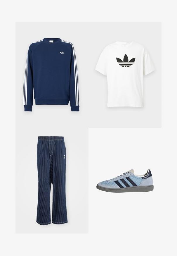 Mørkeblå sweatshirt med ribbede ærmeafslutninger og hals; har hvide lodrette striber på ærmerne og et lille hvidt logo på brystet.; Hvid bomulds t-shirt med et stort sort Adidas trefoil-logo og tre vandrette striber nedenunder. Korte ærmer, rund halsudskæring.; Navy stribede bukser med lyseblå lodrette striber, elastisk talje, bred benudskæring og et lille logo på siden. Stoffet har en glat tekstur.; Lyseblå Adidas sneaker med mørkeblå striber, ruskind på tå og hæl, tekstureret sål og snørelukning, sidevisning på hvid baggrund.