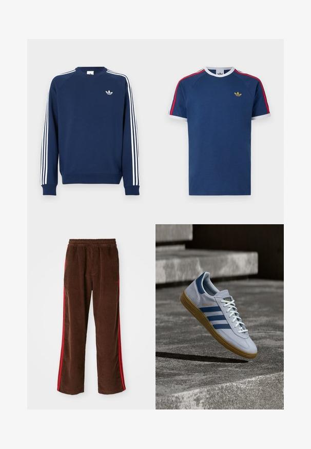 Mørkeblå sweatshirt med ribbede ærmeafslutninger og hals; har hvide lodrette striber på ærmerne og et lille hvidt logo på brystet.; Marineblå t-shirt lavet af blød bomuld, med hvide og røde striber på ærmerne, rund halsudskæring og et lille gult logo på brystet.; Brune corduroy bukser med elastisk talje, der har røde sidelister og lige ben. Tekstureret stof med subtile ribbede detaljer.; Lyseblå Adidas Spezial sneakers med marineblå striber og gummisål, vist i luften over betontrapper i et neutralt udendørsmiljø.
