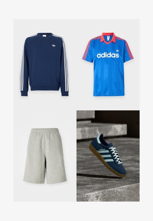 Mørkeblå sweatshirt med ribbede ærmeafslutninger og hals; har hvide lodrette striber på ærmerne og et lille hvidt logo på brystet.; Blå Adidas kortærmet sportstrøje med rød krave og striber på skuldrene, med hvidt Adidas-logo og trefoldet emblem på brystet.; Grå bomuldsshorts med elastisk talje, knælængde design og diskret logo detalje på siden. Blød tekstur med en afslappet, sportiv pasform.; Blå Adidas Spezial sneaker med hvide striber og snørebånd, gummisål, svævende over en ru betongoverflade og trin i baggrunden.