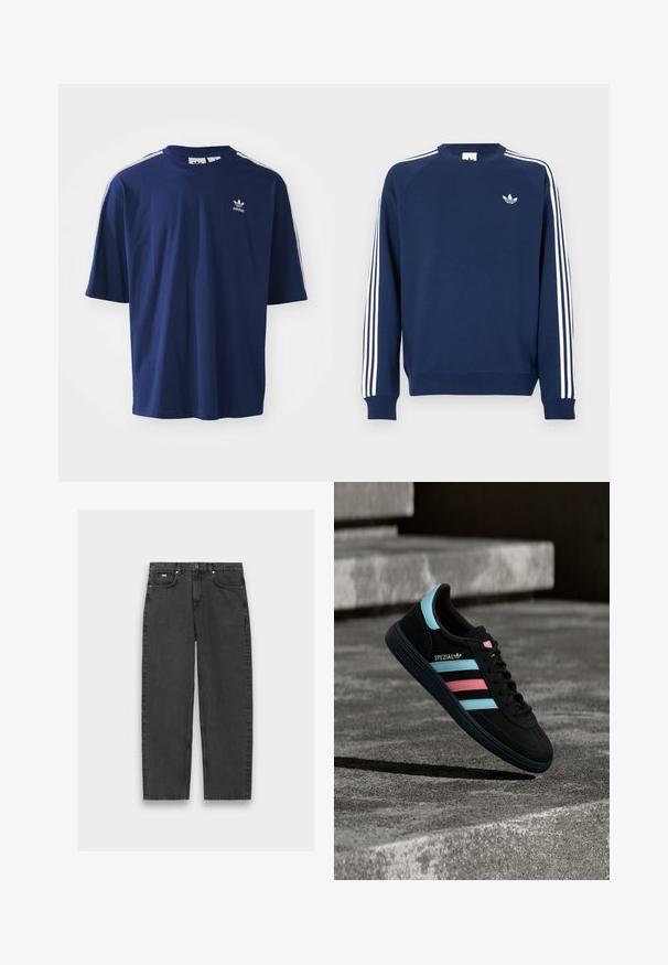 Marineblauw sweatshirt met geribbelde boorden en hals; heeft witte verticale strepen op de mouwen en een klein wit logo op de borst.; Navy blauwe katoenen T-shirt met korte mouwen, ronde hals, drie witte strepen op de schouders en een klein wit logo op de borst.; Zwarte rechte jeans met vijf zakken, knoopsluiting en zichtbare stiksels, plat gelegd op een neutrale achtergrond.; Zwarte Adidas Spezial sneaker met blauwe en roze strepen, zwevend boven een getextureerd grijs betonnen oppervlak met schaduw eronder.