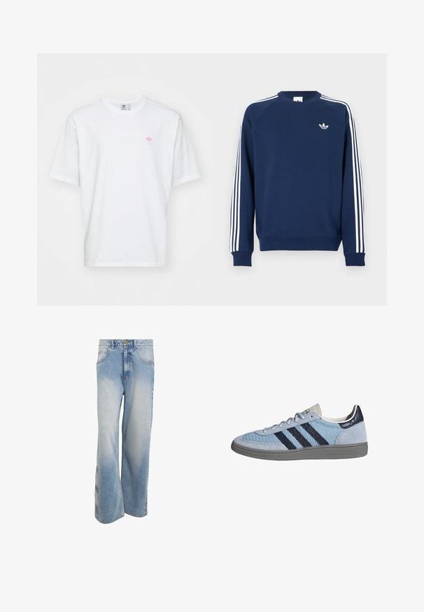 Marineblauer Pullover mit gerippten Bündchen und Hals; verfügt über weiße vertikale Streifen an den Ärmeln und ein kleines weißes Logo auf der Brust.; Weißes Baumwoll-T-Shirt mit Rundhalsausschnitt und kurzen Ärmeln. Auffällige Details sind ein kleines pinkes und grünes Logo auf der linken Brust.; Weit geschnittene blaue Jeans aus Denim mit leichter Ausbleichung. Verfügt über fünf Taschen, einen Knopfverschluss und eine gerade Silhouette mit Ziernähten.; Hellblauer Adidas-Sneaker mit dunkelblauen Streifen, Wildleder an Zehen- und Fersenbereich, strukturierte Sohle und Schnürverschluss, Seitenansicht auf weißem Hintergrund.