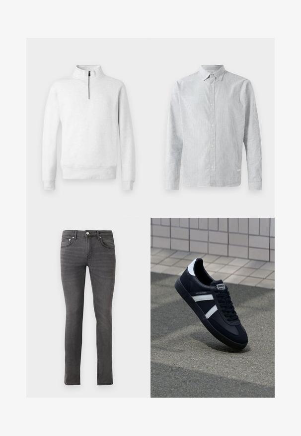 Lys grå langærmet pullover med halv-lynlås foran og høj krave, vist på en lys hvid baggrund.; Stribet skjorte i lyseblå og hvid, med klassisk krave, lange ærmer og regulær pasform med glat stoftekstur.; Grå denimjeans med slim fit, der har et klassisk fem-lomme design, front lukning med knap og svag tekstureret detaljering over hele stoffet.; Sort lædersneaker med hvide striber, tekstureret gummisål og snørrebånd foran. Har et brandet mærke på tungen.