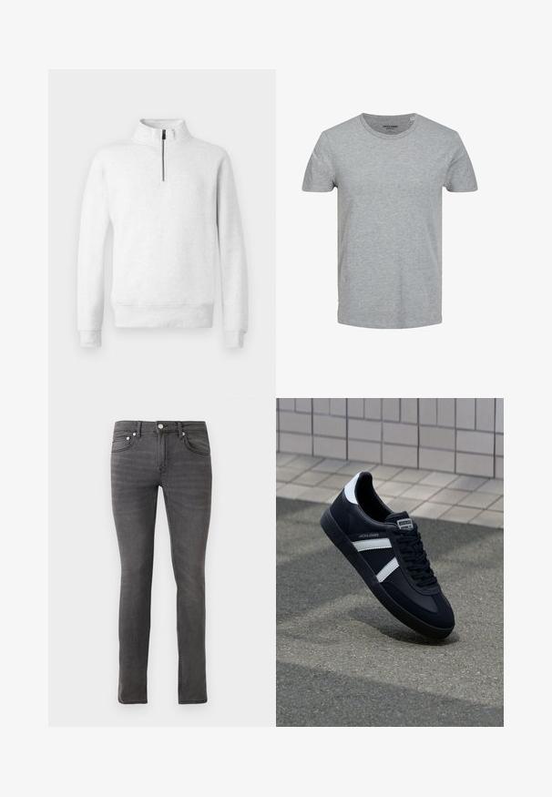 Lichtgrijze longsleeve pullover met een halve rits aan de voorkant en een hoge kraag, op een effen witte achtergrond weergegeven.; Grijze T-shirt met korte mouwen, gemaakt van zachte katoen. Kenmerkt zich door een klassieke ronde halslijn en een reguliere pasvorm. Eenvoudig ontwerp zonder patronen of accenten.; Grijze denim jeans met een slim fit, met een klassieke vijf-pocketontwerp, voorste knoopsluiting en subtiele textuurdetails overal.; Zwarte leren sneaker met witte strepen, een gestructureerde rubberen zool en vetersluiting aan de voorkant. Voorzien van een merklabel op de tong.