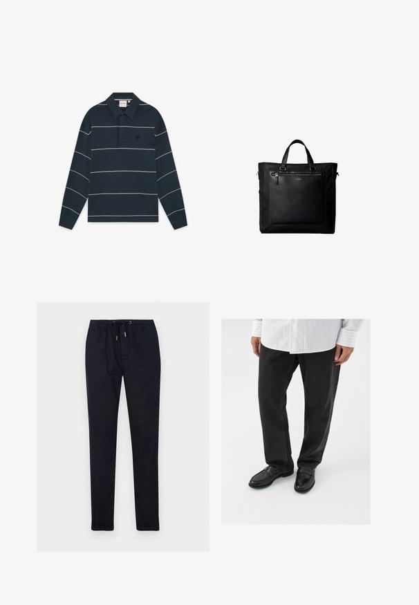 Polo à manches longues bleu marine avec des rayures horizontales blanches et un petit logo brodé sur la poitrine gauche.; Pantalons de jogging bleu marine foncé avec une taille élastique, cordon de serrage, jambes fuselées et une texture lisse. Comprend des poches latérales et des coutures discrètes.; Pantalons en denim noir associés à des mocassins noirs brillants. La chemise est blanche avec de fines rayures verticales, avec des manches longues et un col boutonné.; Sac cabas noir avec doubles poignées, grande poche avant en cuir avec fermeture éclair et logo discret Calvin Klein au centre de la poche.