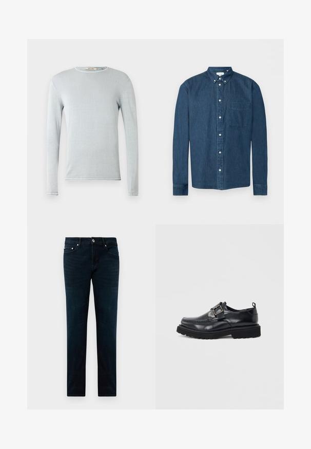 Lichtblauw shirt met lange mouwen gemaakt van zachte stof. Heeft een ronde halslijn en afgewerkte randen. Gladde textuur met minimale ontwerpdetails.; Donkerblauw denim overhemd met knopen, lange mouwen, een voorzak aan de linkerkant en een button-down kraag, weergegeven op een witte achtergrond.; Donkerblauwe slim-fit jeans met een voorste knoop, rits, riemlussen en vijf zakken, vlak gelegd op een witte achtergrond.; Zwarte leren loafer met stevige zool en zilveren gespsluiting aan de zijkant tegen een witte achtergrond.