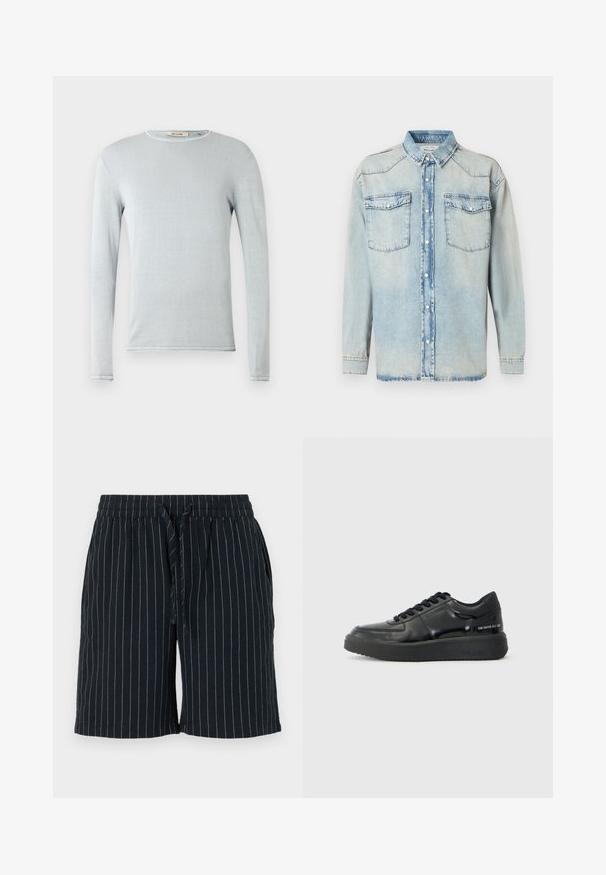 Chemise à manches longues bleu clair en tissu doux. Présente un col rond et des finitions soignées. Texture lisse avec des détails de design minimalistes.; Chemise en denim bleu clair à manches longues, avec deux poches poitrine, fermeture boutonnée et col classique. Texture délavée sur l'ensemble.; Shorts bleu foncé avec des rayures verticales claires, taille élastiquée, fermeture à cordon de serrage et poches latérales. Fabriqués en tissu léger.; Sneakers en cuir noir avec une finition lisse, bout rond et semelle en caoutchouc noir contrastante. Comprend des lacets plats et un logo sur le côté.