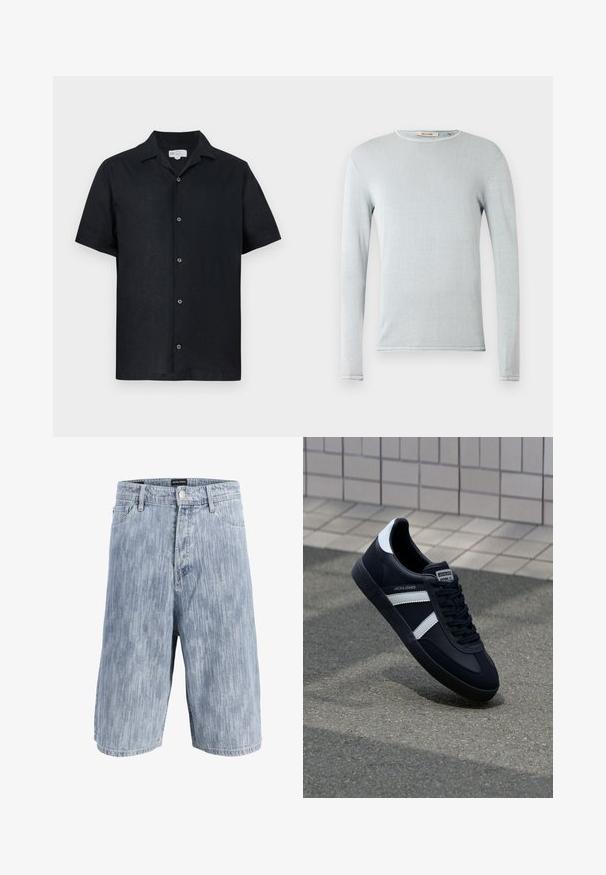 Chemise à manches longues bleu clair en tissu doux. Présente un col rond et des finitions soignées. Texture lisse avec des détails de design minimalistes.; Chemise noire à manches courtes avec col, cinq boutons visibles et ourlet droit, présentée sur un fond blanc.; Short en denim bleu clair délavé, coupe droite, fermeture zippée et boutonnée à l’avant, passants pour ceinture et cinq poches. Aucun marquage visible.; Sneaker en cuir noir avec des rayures blanches, semelle en caoutchouc texturée et devant à lacets. Présente une étiquette de marque sur la languette.