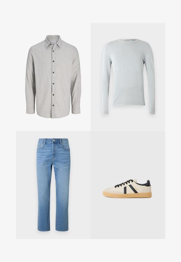 Lichtblauw shirt met lange mouwen gemaakt van zachte stof. Heeft een ronde halslijn en afgewerkte randen. Gladde textuur met minimale ontwerpdetails.; Lichtgrijze langemouwenshirt van gestructureerde stof. Heeft een button-down kraag en zes zwarte knopen aan de voorkant.; Lichtblauwe denim spijkerbroek met rechte pijpen, voorzakken, riemlussen, knoopsluiting en subtiele vervaging rond de heupen en dijen.; Casual sneakers in crème met zwarte strepen, voorzien van een gestructureerde bovenkant en een gumrubberen zool. Veters zijn zwart. Subtiel logo aan de zijkant.