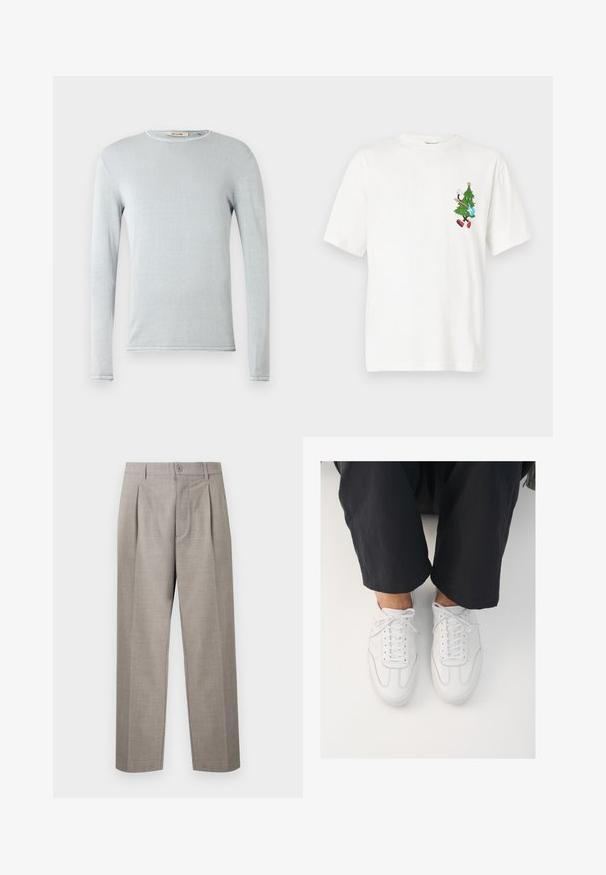 Chemise à manches longues bleu clair en tissu doux. Présente un col rond et des finitions soignées. Texture lisse avec des détails de design minimalistes.; T-shirt en coton blanc à manches courtes avec un motif coloré représentant un personnage de dessin animé déguisé en arbre de Noël sur la poitrine.; Pantalon droit de costume gris clair avec plis, passants pour ceinture, fermeture par bouton et braguette à glissière, présenté sur un fond uni.; Baskets blanches en cuir avec une texture lisse, bout rond et système de laçage classique, positionnées au-dessus de pantalons sombres et amples.