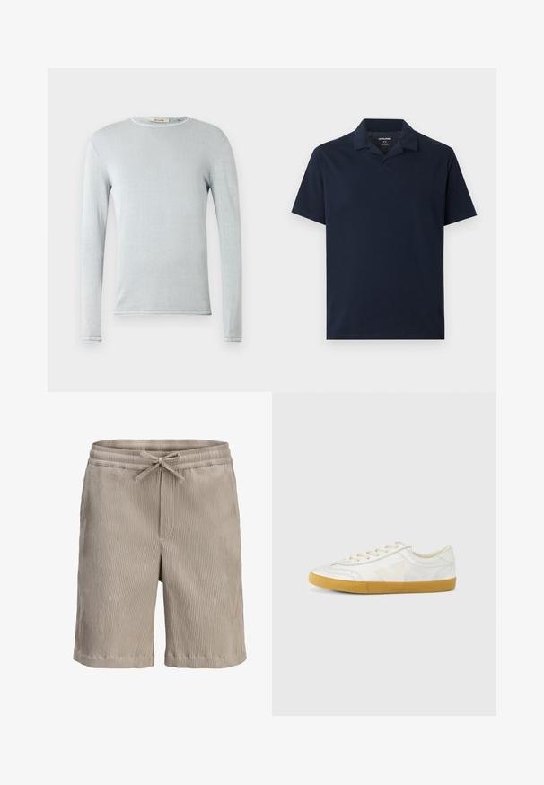 Chemise à manches longues bleu clair en tissu doux. Présente un col rond et des finitions soignées. Texture lisse avec des détails de design minimalistes.; Polo bleu marine à manches courtes avec col, encolure en V dégagée et tissu de poids moyen, étalé à plat sur un fond gris clair.; Shorts en tissu côtelé beige avec une taille élastique et un cordon de serrage à nouer à l'avant.; Baskets en cuir blanc à texture lisse, avec un logo "V" beige, un bout rond, un design à lacets et une semelle en caoutchouc gomme.