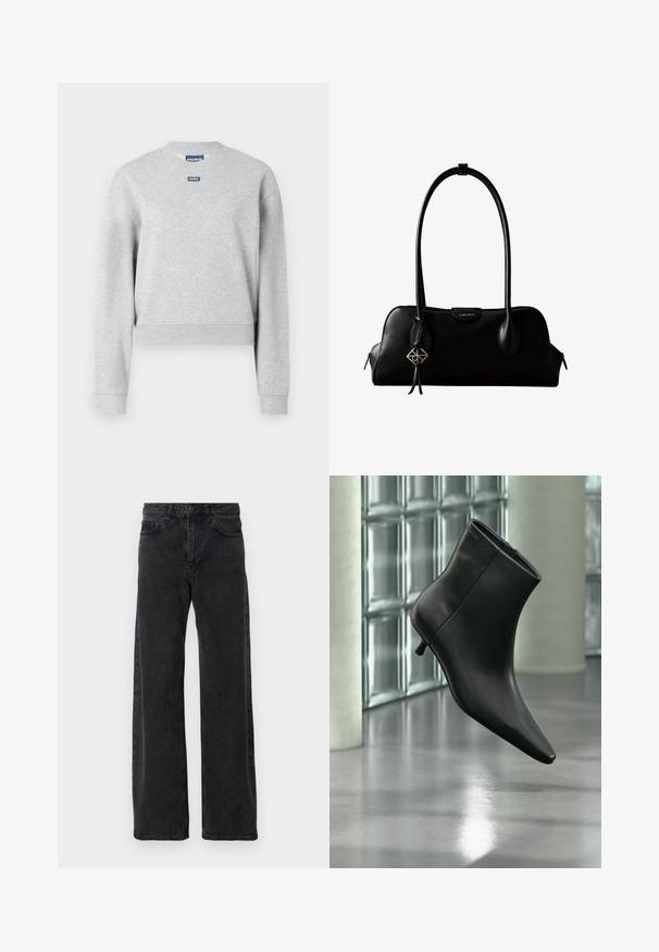 Sweatshirt gris avec un col rond, des manches longues et des poignets côtelés. Présente une petite étiquette logo bleue sur le devant supérieur. Texture douce.; Jean en denim noir à coupe large, avec un style classique à cinq poches, fermeture à bouton et légère décoloration.; Bottine en cuir noir à bout pointu et petit talon kitten, présentée en angle devant un sol poli et un mur en blocs de verre.; Sac à main en cuir noir Calvin Klein avec de longues anses, une étiquette logo à l'avant et un charme géométrique argenté suspendu à une anse.