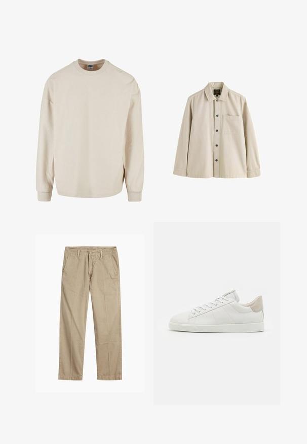 Beige geribbelde sweatshirt met lange mouwen en een ronde halslijn, met verlaagde schouders en geribbelde manchetten. Zachte textuur en een ontspannen pasvorm.; Beige overhemd met lange mouwen, knopen, een kraag en één borstzak, gemaakt van stevig stof.; Beige rechte pijpen chinos met riemlussen, voorkant met knoop en rits sluiting, en schuine voorzakken.; Witte leren sneaker met een gladde oppervlakte, ronde neus en een lichtgrijs suède hakaccent, voorzien van een platte rubberen zool.