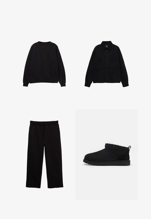 Sweat-shirt noir avec un col rond, des épaules tombantes et des poignets côtelés. Fabriqué en matériau doux, il présente un design simple et classique.; Veste chemise en denim noir avec col à revers, fermeture à boutons, deux poches poitrine et manches longues. Texture lisse, design décontracté.; Pantalons de survêtement noirs en tissu doux, avec une taille élastique et un cordon de serrage, deux poches latérales et une coupe décontractée.; Bottines noires en daim avec une doublure douce et texturée, une semelle en caoutchouc basse et une languette à l'arrière pour un enfilage facile.