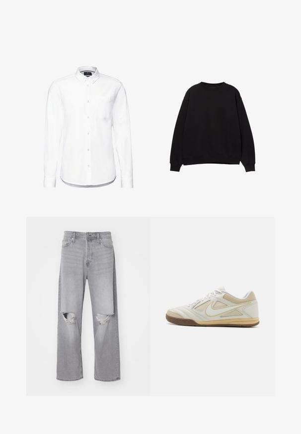 Sort sweatshirt med rund hals, sænkede skuldre og ribbede manchetter. Lavet af et blødt materiale, med et simpelt, klassisk design.; Hvid langærmet skjorte lavet af bomuld, med krave der lukkes med knapper, forlommer og afrundet kant med knapmanchetter.; Lys grå denim jeans med høj talje, brede ben og slidte knæ-huller; klassisk fem-lomme design og metalknaplukning.; Hvid atletisk sko med en struktureret overdel, grå accenter, snørebånd og en tan gummisål. Har et karakteristisk logo på siden.