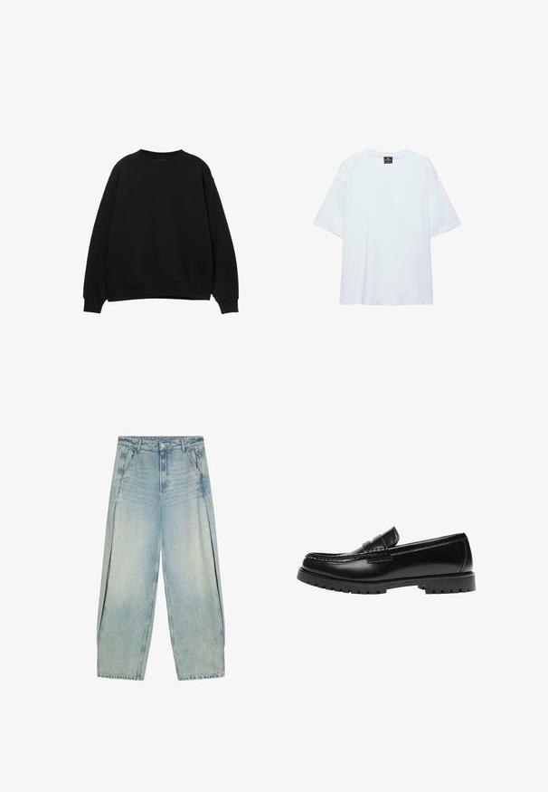 Sort sweatshirt med rund hals, sænkede skuldre og ribbede manchetter. Lavet af et blødt materiale, med et simpelt, klassisk design.; Hvid, oversized T-shirt med korte ærmer og rund halsudskæring, med en sort etiket inde i kraven på en hvid baggrund.; Lyseblå vide cowboybukser med forlommer, bæltestropper og knaplukning.; Sort læderloafer med en kraftig gummisål og klassiske penny-strap detaljer, vist fra ydersiden.