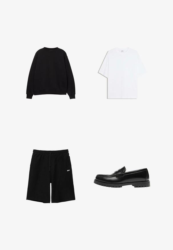 Sweat-shirt noir avec un col rond, des épaules tombantes et des poignets côtelés. Fabriqué en matériau doux, il présente un design simple et classique.; T-shirt oversize en coton blanc avec un col rond et des manches courtes ; texture lisse, sans motifs ni accents visibles.; Shorts noirs arrivant au genou avec taille élastique et cordon de serrage, avec petit logo blanc sur la cuisse gauche, isolés sur fond blanc.; Mocassin en cuir noir avec une semelle en caoutchouc épaisse et un détail classique de bride à monnaie, vu de côté extérieur.