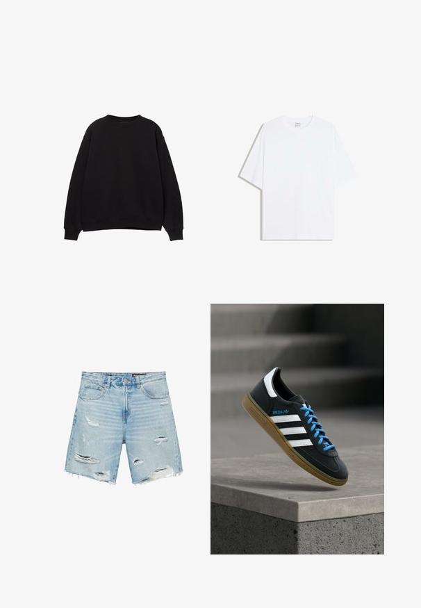 Sweat-shirt noir avec un col rond, des épaules tombantes et des poignets côtelés. Fabriqué en matériau doux, il présente un design simple et classique.; T-shirt oversize en coton blanc avec un col rond et des manches courtes ; texture lisse, sans motifs ni accents visibles.; Short en denim bleu clair avec ourlets effilochés et multiples déchirures et usures intentionnelles sur les panneaux avant.; Baskets Adidas noires avec des rayures blanches, des lacets bleus et une semelle en gomme flottant au-dessus d'une marche en béton grise sous une lumière douce.