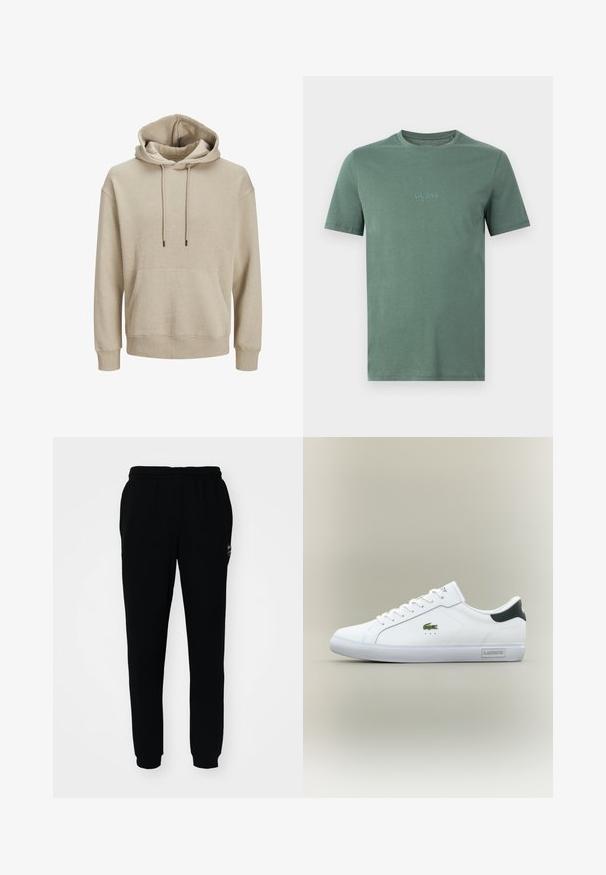 Beige hættebluse med snoretræk, frontlomme og ribbede manchetter. Blød tekstur og afslappet pasform.; Herre t-shirt med korte ærmer og rund hals i afdæmpet grøn med "GUESS EST. 1981" broderet på brystet.; Sorte sweatpants med elastisk talje og manchetter. Fremstillet af blødt stof med et lille logo på den øverste venstre side.; Hvide lavtop sneakers med grønt krokodillelogo på siden, sort hælflap, hvide snørebånd og "Lacoste"-etiket på sålens kant.