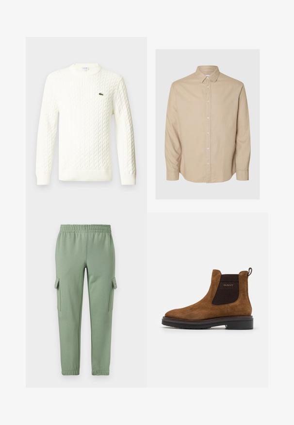 Suéter blanco de punto trenzado con cuello redondo, mangas largas y un logo bordado en verde en el pecho. Fabricado en un suave tejido de punto.; Selected Flannel - Camisa - pure cashmeredetail:mixed w. oatmeal; Pantalones de chándal verde claro con cintura elástica, piernas ajustadas y dos bolsillos laterales tipo cargo. Hechos de una tela suave y transpirable.; Botín de ante marrón hasta el tobillo con punta redonda y paneles laterales elásticos. Presenta un acento texturizado negro y una lengüeta en la parte posterior. Suela negra.