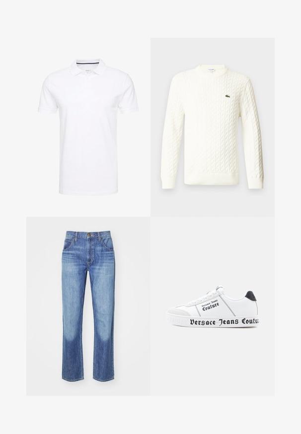 Pull en maille blanche à col rond, à manches longues, avec un logo brodé vert sur la poitrine. Fabriqué dans un tissu en maille doux.; Polo shirt blanc en coton, avec un col traditionnel, des manches courtes et une patte de boutonnage à trois boutons, avec des accents navy discrets à l'intérieur.; Jeans en denim bleu avec une coupe droite, lavage clair, design à cinq poches, bouton en bronze et surpiqûres contrastantes aux coutures.; Baskets blanches à surface texturée, accents noirs, avec un marquage audacieux "Versace Jeans Couture" le long de la semelle et des côtés.