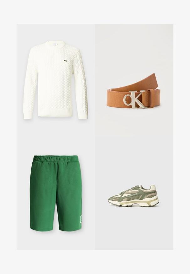 Witte kabelgebreide trui met een ronde hals, lange mouwen en een groen geborduurd logo op de borst. Gemaakt van een zachte breiste stof.; Groene casual shorts met elastische tailleband en klein wit logo bij de onderkant van het linkerbeen op een effen achtergrond.; Groene en beige sportsneakers met een bovenwerk van mesh en suède, een gestructureerde tussenzool, zichtbaar vetersysteem en een gedetailleerd reliëflogo.; Opgerolde bruine leren riem met zilveren "cK" metalen gesp en subtiel Calvin Klein-logo gegraveerd op het uiteinde van de band.