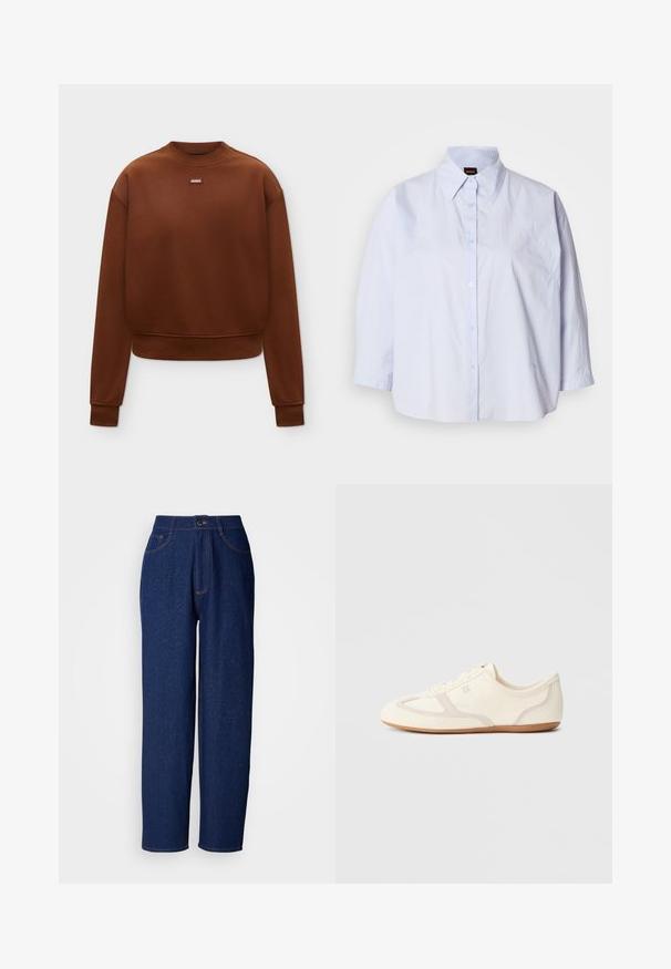 Bruine lange mouwen crewneck sweatshirt met geribbelde manchetten en zoom, met een klein "HUGO" logo patch in het midden van de borst.; Lichtblauw overhemd met kraag, een knoopsluiting aan de voorkant, raglanmouwen en een glad, kreukbestendig stof. Heeft subtiele borduurwerk op de zoom.; Donkerblauwe denim wijd uitlopende broek met een hoge taille, voorzien van oranje stiksels, voorkzakken en een knoopsluiting. Zorgt voor een gladde textuur met subtiele stippen.; Crème-witte sneakers met een bovenwerk van suède en stof, een afgeronde neus en een rubberen zool met een beige accentdetail. Vetersluiting.