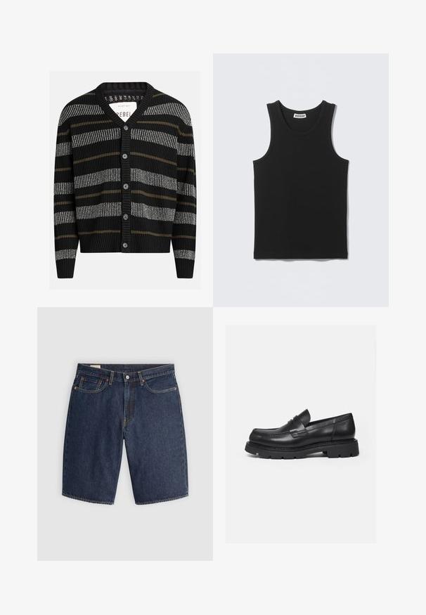 Cárdigan negro con rayas verticales en gris y oliva. Presenta un escote en V, puños acanalados y seis botones negros en la parte delantera.; Camiseta negra sin mangas con costillas, escote redondo y etiqueta de la marca Weekday en el interior del cuello trasero.; Pantalones cortos de mezclilla en azul oscuro, con un diseño clásico que incluye cinco bolsillos, costuras cosidas, cierre de botón y bolsillos traseros curvados.; Mocasín negro de cuero con suela gruesa y acanalada y detalle de tira para moneda, mostrado en perfil lateral derecho sobre fondo blanco.