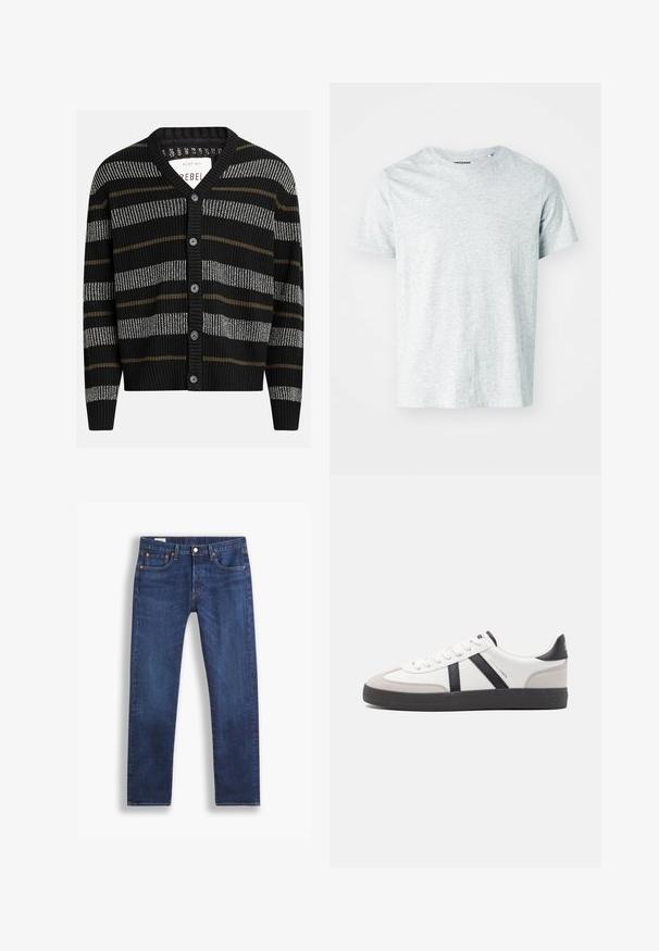 Cardigan noir avec des rayures verticales en gris et olive. Présente un col en V, des poignets côtelés et six boutons noirs sur le devant.; T-shirt gris clair à manches courtes en tissu doux, avec un col rond et une coupe légèrement décontractée. Aucun motif ou graphique visible.; Jean droit bleu marine avec un style classique à cinq poches et fermeture à bouton, présenté sur fond blanc.; Baskets blanches avec des accents noirs et gris, présentant un embout texturé gris, une semelle en caoutchouc noir et des lacets plats blancs. Design épuré, style minimaliste.