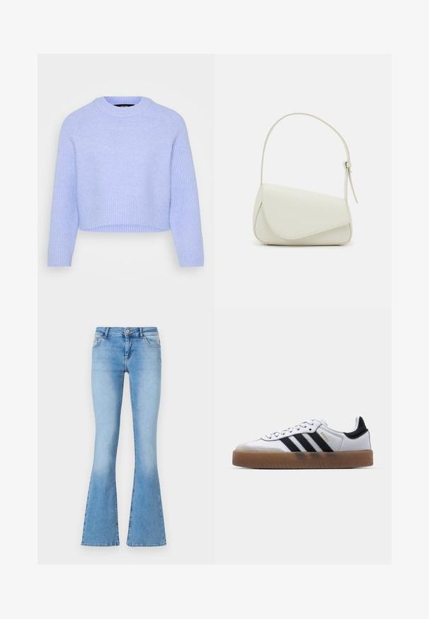 Lichtblauwe cropped sweater van zachte, gestructureerde stof, met een geribde halslijn en zoom en lange mouwen.; Lichtblauwe uitlopende jeans van denim met een middellange taille, voorzien van zijzakken en stiksels langs de naden en zoom.; Witte leren sneakers met zwarte strepen, gumrubberen buitenzool, ronde neus, vetersluiting en een zachte grijze suède neuskap.; Witte nepleren handtas met een gestructureerde driehoekige vorm, een enkele verstelbare schouderriem en een klep met ronde accenten.