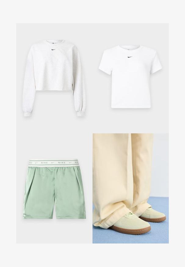 Sweat-shirt raccourci de couleur gris clair, en tissu doux. Caractérisé par un col rond, des manches longues avec des poignets élastiques, et un logo Nike noir au-dessus de la poitrine.; T-shirt court blanc à manches courtes de Nike avec un petit logo noir Nike swoosh centré sous l'encolure.; Short de sport Nike vert clair avec une ceinture élastique blanche affichant des logos Nike répétés et des poches latérales.; Baskets en daim vert avec des bouts ronds et des semelles texturées, associées à un pantalon beige large, sur une surface bleue.