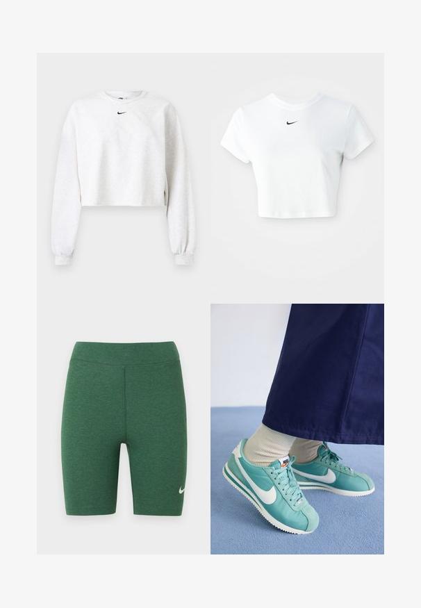 Gekürztes Sweatshirt in Hellgrau aus weichem Stoff. Mit rundem Ausschnitt, langen Ärmeln mit elastischen Bündchen und einem schwarzen Nike-Logo über der Brust.; Weißes, kurz geschnittenes T-Shirt aus Baumwolle mit kurzen Ärmeln und rundem Ausschnitt, versehen mit einem schwarzen Nike-Logo auf der Brust.; Grüne Sportschorts aus Stretchmaterial. Hoch tailliertes Design mit flachen Nähten und einem weißen Nike-Logo am unteren linken Bein.; Türkisfarbene Nike-Sneaker mit weißen Akzenten, aus glattem Stoff und Wildleder, mit retro Design und strukturiertem Sohlen.