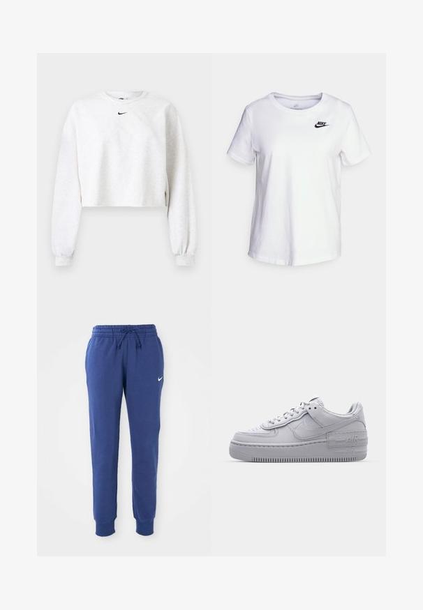 Kroppet sweatshirt i lysegrå, lavet af blødt stof. Har rund hals, lange ærmer med elastiske manchetter og et sort Nike-logo over brystet.; Hvid bomulds t-shirt med rund halsudskæring og korte ærmer. Har et sort Nike-logo i det øverste venstre brystområde.; Blå Nike sweatpants med elastisk talje, snøre, afsluttende ankler og hvid Nike swoosh-logo på venstre lår.; Grå Nike Air Force 1 sneakers med perforeret tå, glat læderoverdel, tyk sål og præget 'AIR' detalje på hælen.