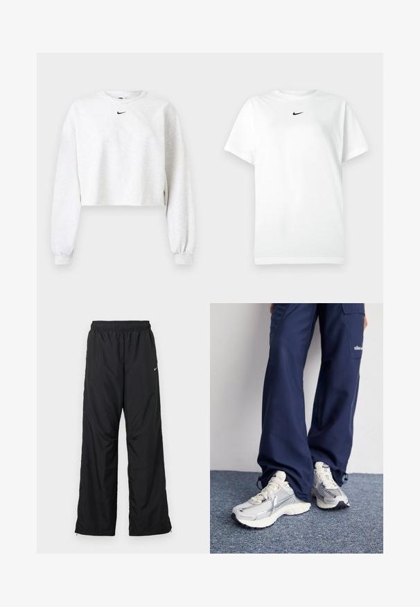 Kroppet sweatshirt i lysegrå, lavet af blødt stof. Har rund hals, lange ærmer med elastiske manchetter og et sort Nike-logo over brystet.; Hvid kortærmet T-shirt med rund hals, prydet med et lille sort Nike swoosh-logo centreret under halsudskæringen.; Sorte atletikbukser med elastisk taljebånd, sidelommer og løs pasform. Fremstillet af let, glat stof med et subtilt skær.; Nike sportssko med en sølvfarvet mesh-overdel, hvide detaljer og strukturerede såler, parret med løstsiddende navy bukser.