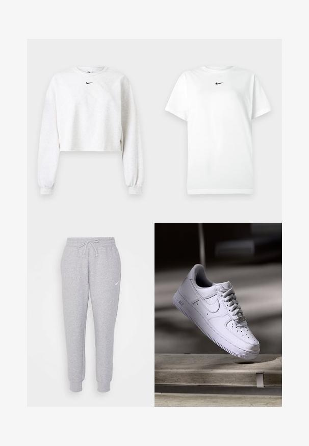 Korte sweatshirt in lichtgrijs, gemaakt van zachte stof. Heeft een ronde hals, lange mouwen met elastische manchetten, en een zwart Nike-logo boven de borst.; Witte korte mouwen crew neck T-shirt met een klein zwart Nike swoosh-logo gecentreerd onder de ronde hals.; Lichtgrijze sweatpants met een trekkoord bij de taille, taps toelopende benen en een klein wit logo op de linkerdij. Gemaakt van een zachte, gestructureerde stof.; Witte Nike Air Force 1 sneaker die zweeft boven een betonnen oppervlak met schaduwen in een minimalistische setting.