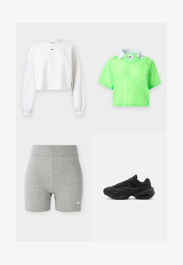 Krátka mikina v svetlosivej farbe, vyrobená z mäkkej tkaniny. Má okrúhly výstrih, dlhé rukávy s elastickými manžetami a čierne logo Nike nad hrudníkom.; Neónovo zelený krátky crop top s jemným vzorom, bielym golierom a čiernym logom Nike Swoosh na golieri a vnútri štítku.; Šedé športové šortky vyrobené z mäkkej tkaniny, s vysokým pásom a malým bielym logom Nike na dolnej ľavej strane.; Čierna športová teniska s sieťovanými panelmi, hrubou polstrovanou podrážkou a malým logom swoosh na boku, odfotená na jednoduchom pozadí.