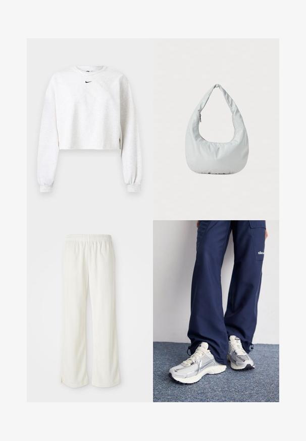 Gekürztes Sweatshirt in Hellgrau aus weichem Stoff. Mit rundem Ausschnitt, langen Ärmeln mit elastischen Bündchen und einem schwarzen Nike-Logo über der Brust.; Cremfarbene Hose mit einem weiten Bein-design, aus leichtem Material, mit vertikalen Streifen und einem elastischen Bund.; Nike Sportschuhe mit einem silbernen Mesh-Obermaterial, weißen Akzenten und strukturierten Sohlen, kombiniert mit locker sitzenden marineblauen Hosen.; Weiche, hellgraue Hobo-Tasche aus synthetischem Material. Verfügt über einen gepolsterten Tragegriff und ein seitliches Reißverschlussfach.
