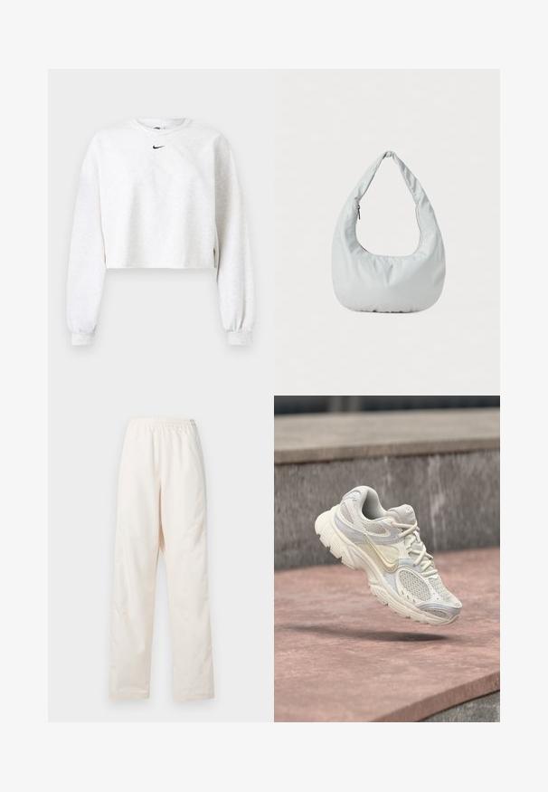 Sweat-shirt raccourci de couleur gris clair, en tissu doux. Caractérisé par un col rond, des manches longues avec des poignets élastiques, et un logo Nike noir au-dessus de la poitrine.; Pantalon couleur crème à taille élastique et coupe droite, de coupe ample, présenté sur un fond blanc uni.; Chaussure de course Nike blanche et beige avec des panneaux en maille et une semelle épaisse, suspendue au-dessus d'une surface en pierre rose et d'un fond en pierre grise.; Sac hobo doux, de couleur gris clair, fabriqué en matériau synthétique. Présente une poignée rembourrée unique et un compartiment zippé sur le côté.