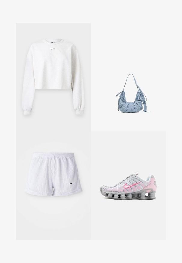 Gekürztes Sweatshirt in Hellgrau aus weichem Stoff. Mit rundem Ausschnitt, langen Ärmeln mit elastischen Bündchen und einem schwarzen Nike-Logo über der Brust.; Weiße, gerippte Sportshorts mit einem elastischen Bund und kleinem schwarzem Nike-Logo auf der unteren linken Seite. Schlichtes, minimalistisches Design.; Nike Sportschuh in Weiß und Hellrosa. Mit einem Obermaterial aus Mesh und einer markanten, gewölbten Sohle mit sichtbarer Luftpolsterung.; Hellblaue weiche Stoff-Umhängetasche mit gerafftem Design, verstellbarem Riemen und kleinem rundem Logo auf einer Seite vor weißem Hintergrund.
