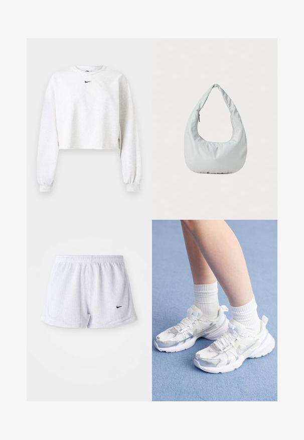 Sudadera corta en gris claro, fabricada con tela suave. Presenta un cuello redondo, mangas largas con puños elásticos y un logo negro de Nike encima del pecho.; Bermudas deportivas blancas con costillas, cinturilla elástica y pequeño logo negro de Nike en la parte inferior izquierda. Diseño simple y minimalista.; Zapatillas deportivas blancas con superposiciones de malla y sintéticas, con un logo plateado de Nike, acompañadas de calcetines blancos acanalados sobre una superficie azul.; Bolso hobo suave y de color gris claro, hecho de material sintético. Cuenta con un asa acolchada y un compartimento con cremallera en el lateral.