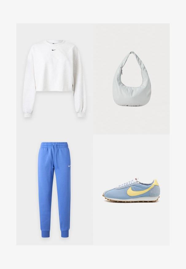 Kroppet sweatshirt i lysegrå, lavet af blødt stof. Har rund hals, lange ærmer med elastiske manchetter og et sort Nike-logo over brystet.; Blå joggingbukser lavet af blødt stof, med elastisk talje med snøre, ribstrikkede manchetter og en lille hvid logo på siden.; Blå mesh- og ruskinds-sneakers med gul Nike swoosh, hvide snørebånd og lysebrun sål; klassisk atletisk design.; Blød, lys grå hobo-taske lavet af syntetisk materiale. Har et enkelt polstret håndtag og en lynlåslomme på siden.