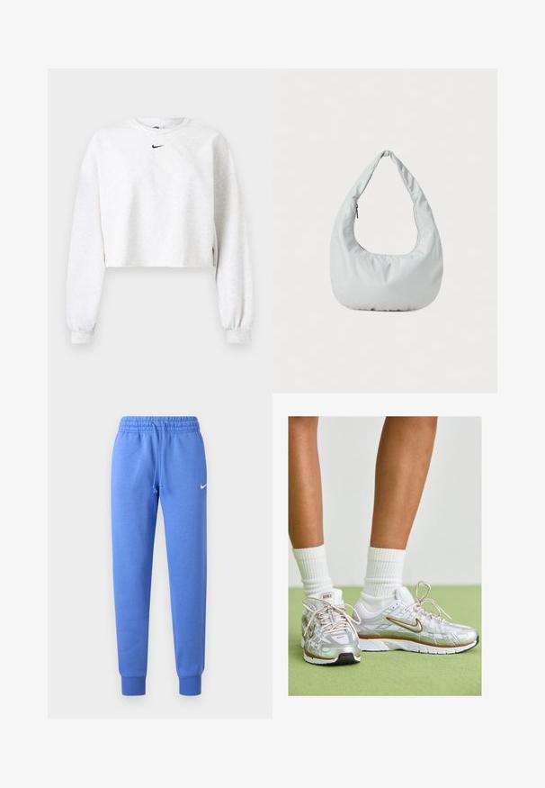 Kroppet sweatshirt i lysegrå, lavet af blødt stof. Har rund hals, lange ærmer med elastiske manchetter og et sort Nike-logo over brystet.; Blå joggingbukser lavet af blødt stof, med elastisk talje med snøre, ribstrikkede manchetter og en lille hvid logo på siden.; Sølv atletik sko med hvide og gyldne accenter, der har en mesh-overdel, gummisål og en reflekterende finish. Strømper synlige over anklen.; Blød, lys grå hobo-taske lavet af syntetisk materiale. Har et enkelt polstret håndtag og en lynlåslomme på siden.