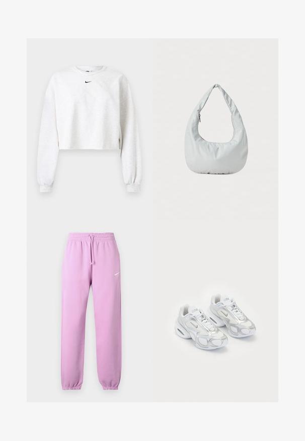 Korte sweatshirt in lichtgrijs, gemaakt van zachte stof. Heeft een ronde hals, lange mouwen met elastische manchetten, en een zwart Nike-logo boven de borst.; Lichtpaarse Nike sweatpants met elastische tailleband, verstelbare trekkoord, elastische boorden en wit Nike swoosh-logo op de linker dij.; Witte sportieve schoenen met een bovenwerk van mesh en zilveren accenten, in een unieke vorm en met luchtkussen in de hiel. Gespannen ontwerp met logo.; Zachte, lichtgrijze hobo tas van synthetisch materiaal. Heeft een enkele gevoerde handgreep en een ritsvak aan de zijkant.