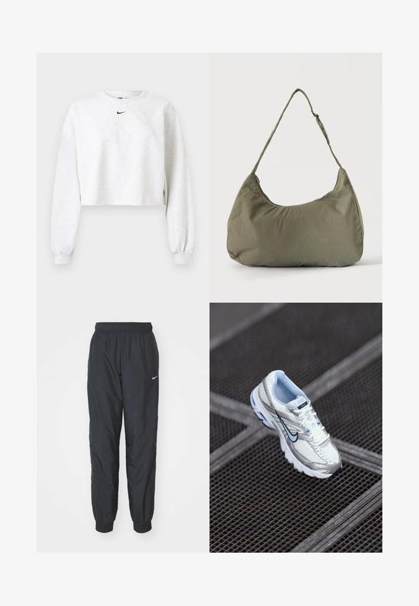 Sudadera corta en gris claro, fabricada con tela suave. Presenta un cuello redondo, mangas largas con puños elásticos y un logo negro de Nike encima del pecho.; Pantalones de chándal negros de Nike hechos de un tejido ligero, con una cinturilla y puños elásticos, y un pequeño logo blanco en la pierna izquierda.; Zapatilla deportiva de malla blanca con acentos plateados, costuras de color azul claro y un logo de swoosh negro. Cuenta con un collar acolchado y una suela texturizada.; Bolso de hombro de tela suave color verde oliva con cierre de cremallera y correa ajustable sobre un fondo liso y claro.