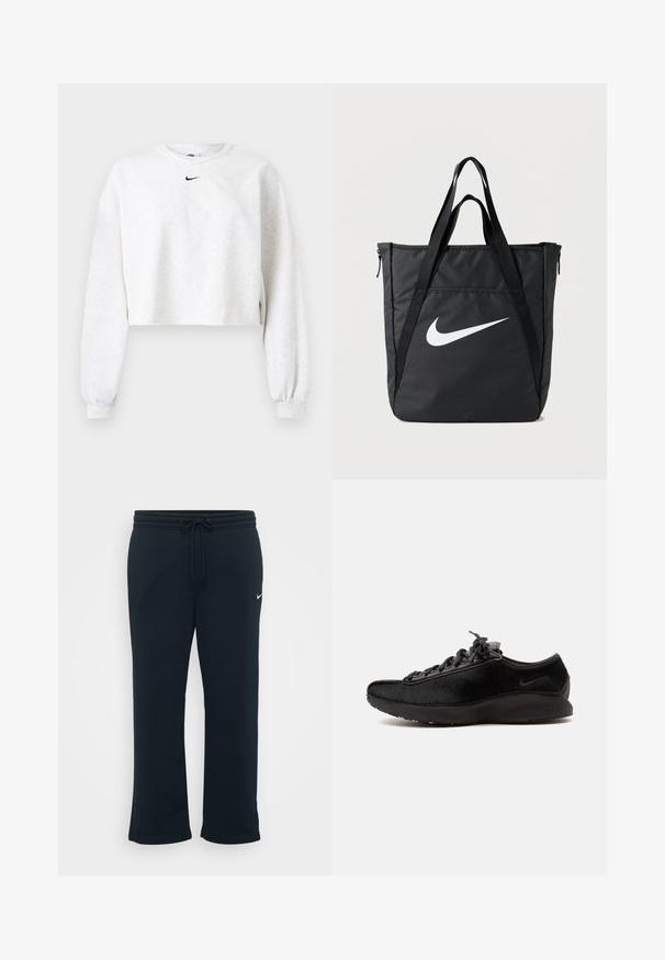 Kroppet sweatshirt i lysegrå, lavet af blødt stof. Har rund hals, lange ærmer med elastiske manchetter og et sort Nike-logo over brystet.; Sorte sweatpants med elastisk talje og justerbar snor. Har et lille hvidt Nike-logo på venstre side. Blød stofstruktur.; Sort lavtop sneakers med tekstureret overdel, sorte snørebånd og tyk sål med subtil Nike-swoosh på siden.; Sort nylon shopper med to skulderstropper, med en stor hvid Nike-logo, lynlås og et strømlinet rektangulært design.